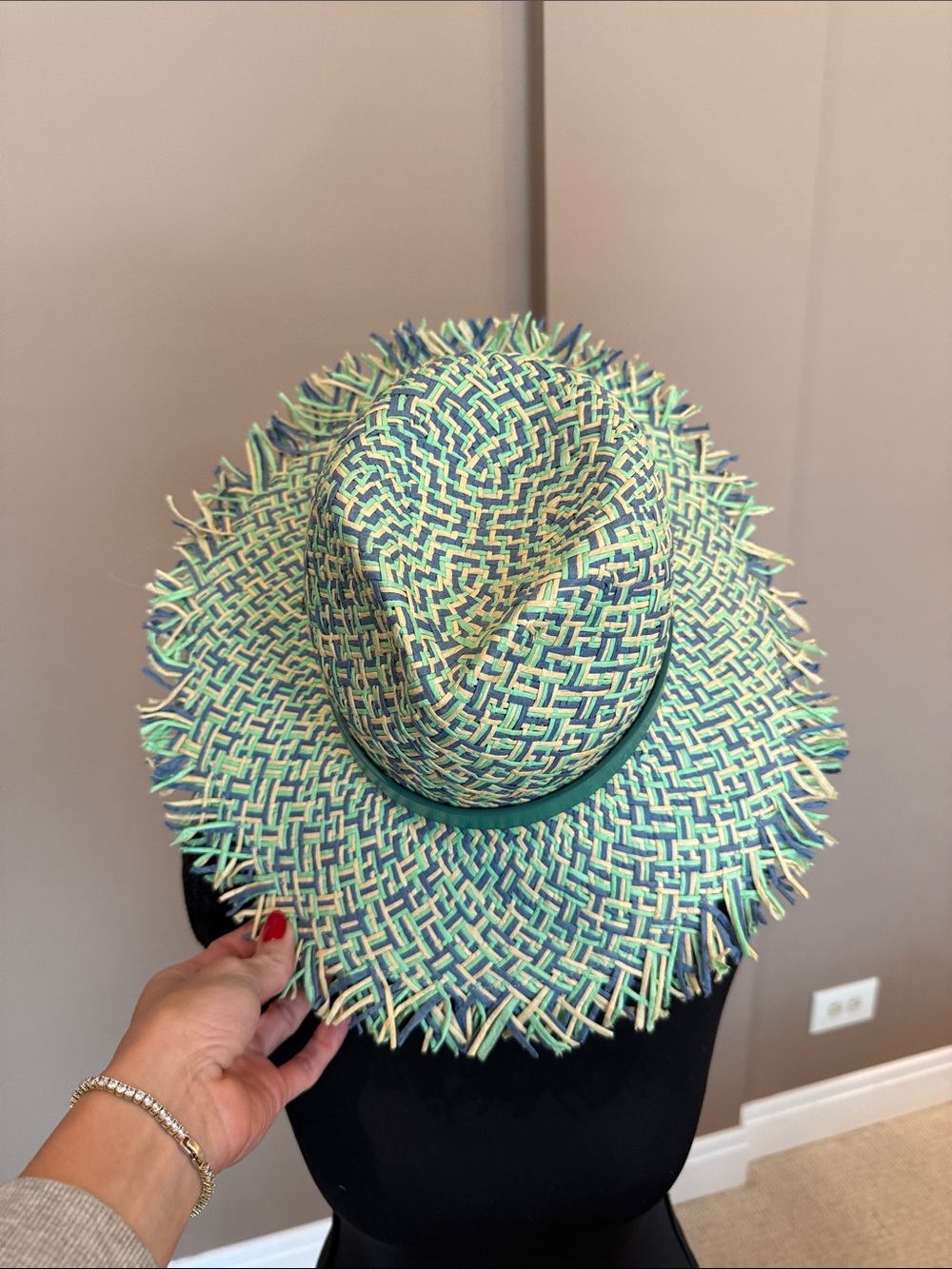Kurt Geiger Teal & Cream Woven Sun Hat - Picture 2 of 5